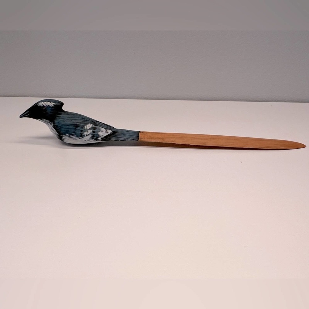 Vintage Hand Carved & Painted Wood Blue Jay Bird Letter Opener